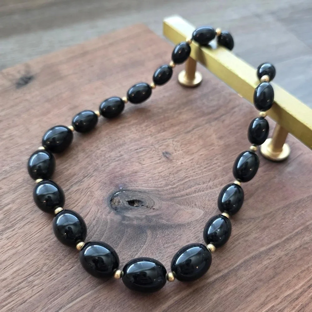 Vintage 80s Monet Black Bead Choker Necklace Gold Accents Lucite Statement